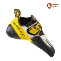 Ein schwarz gelber La Sportiva Solution Kletterschuh von der Außenseite.