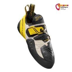 Schwarz gelber Boulderschuh von der schrägen Oberseite.