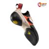 Schwarz, weiß, roter La Sportiva Solution Woman Kletterschuh schräg von der Unterseite.