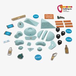 YY Vertical Kletter Magneten Set Boulder in hellblau mit Stickern.