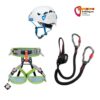 Grafik eines Einsteiger Klettersteig Komplettsets mit Helm, Gurt und Via Ferrata Set.