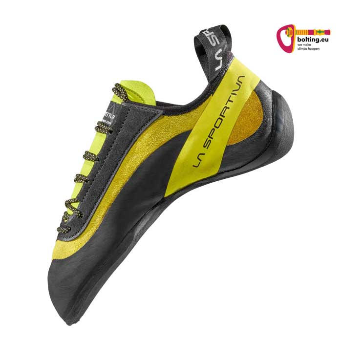 Gelb schwarzer La Sportiva Miura Kletterschuh schräg im Bild von der Seite.