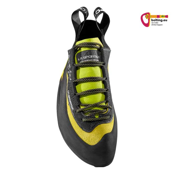 Gelb schwarzer La Sportiva Miura Kletterschuh gerade im Bild von vorne.