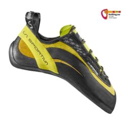Gelb schwarzer La Sportiva Miura Kletterschuh schräg im Bild von der Seite.