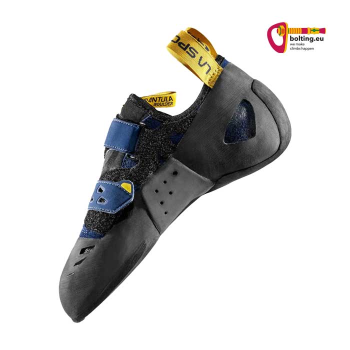 Schwarz blauer La Sportiva Tarantula Boulder Einsteigerschuh von der Seite.