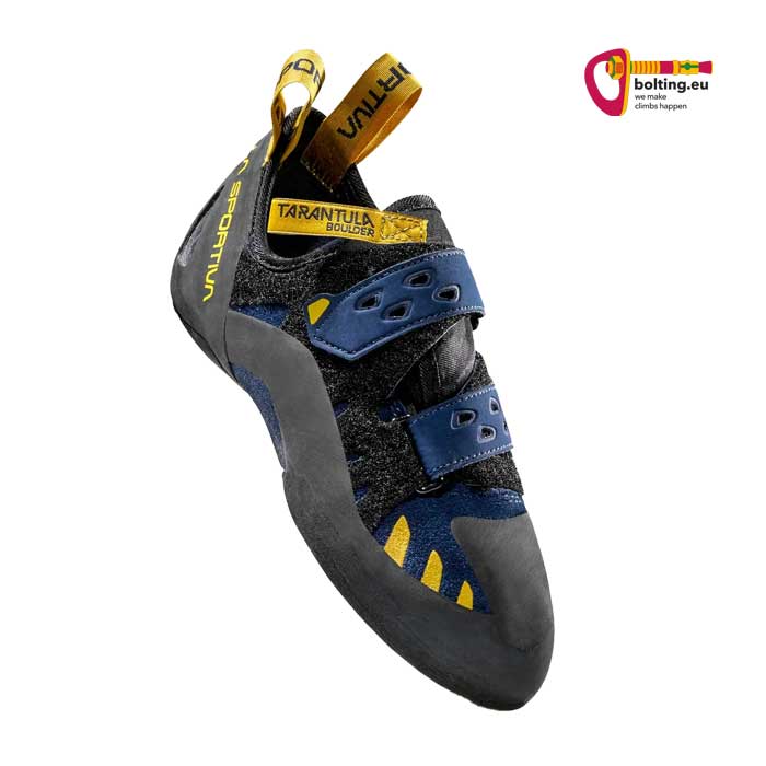 Schwarz blauer La Sportiva Tarantula Boulder Hallenschuh seitlich von oben.