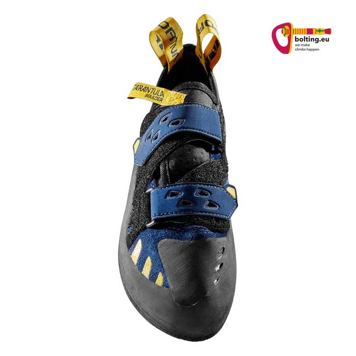 Blau schwarzer La Sportiva Boulderschuh von oben.