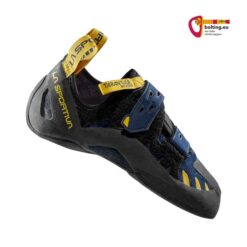 Hallen Boulderschuh von La Sportiva in schwarz blau von der Seite.