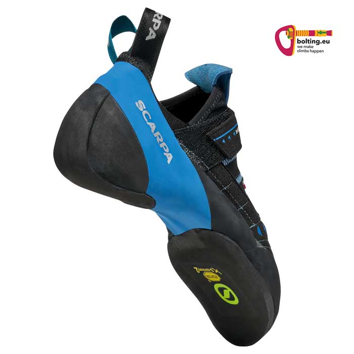 Blau Schwarzer Scarpa Instinct VSR Kletterschuh mit Schuhspitze rechts schräg von der Unterseite.