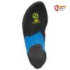 Sohle eines breiten Herren Scarpa Kletterschuhs mit blauem Kunststoffelement in der Mitte.