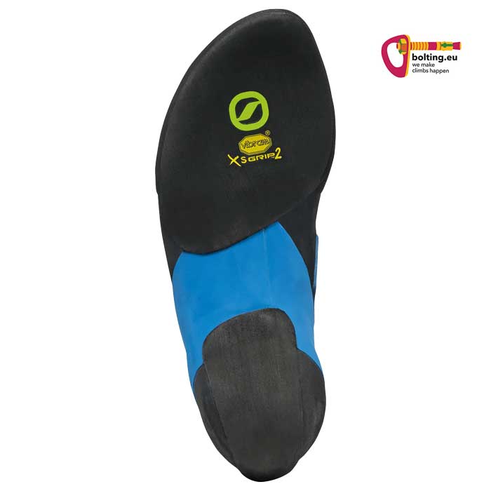 Sohle eines breiten Herren Scarpa Kletterschuhs mit blauem Kunststoffelement in der Mitte.