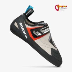Schwarz - weiß - roter Scarpa Origin VS Hallenkletterschuh von der Seite.