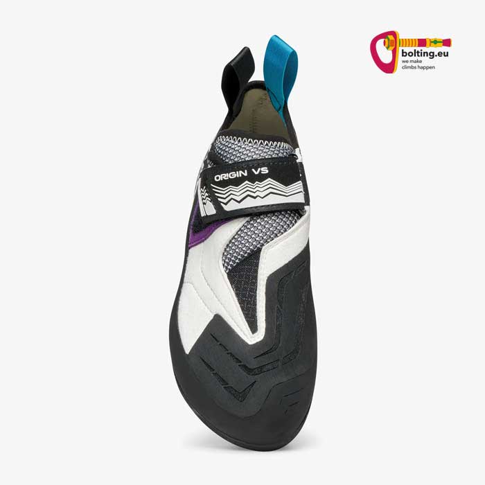 Schwarz weisser Scarpa Origin VS LV Damen Hallenkletterschuh von vorne.