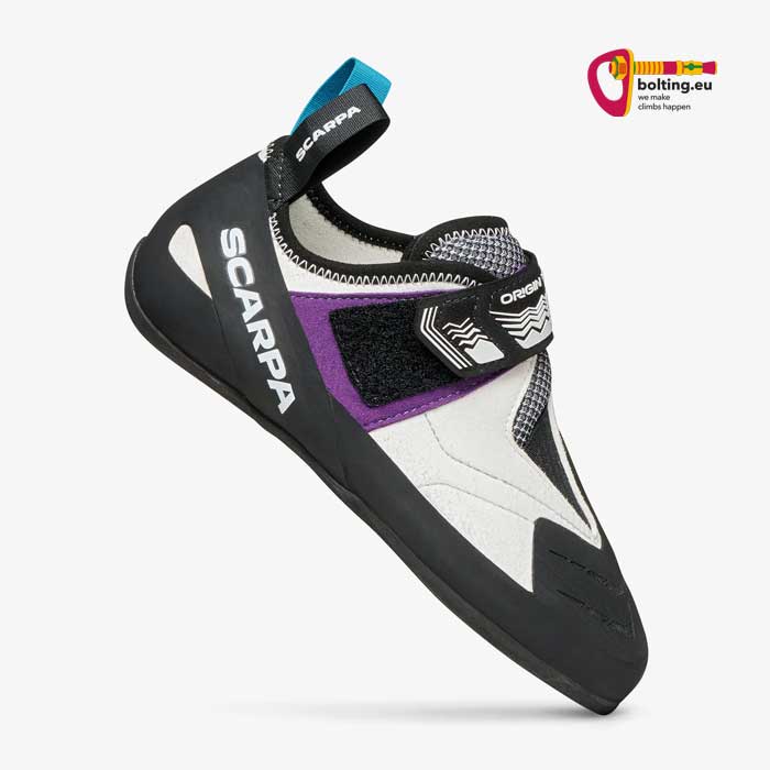 Scarpa Origin VS LV Damen Hallenkletterschuh weiss violett schwarz von der Seite.