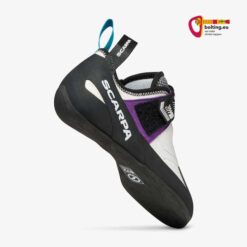 Scarpa Origin VS LV Damen Hallenkletterschuh weiss violett schwarz von schräg hinten.