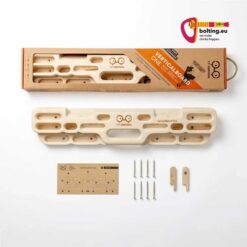 YY VerticalBoard One Kletter Hangboard aus hellem Holz mit Schrauben und Installationsanleitung.