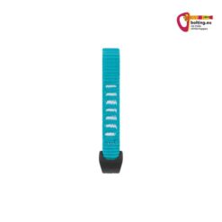 Blaue Petzl Djinn Expressschlinge in 12cm Länge mit schwarzer String Karabinerfixierung auf weißem Hintergrund.