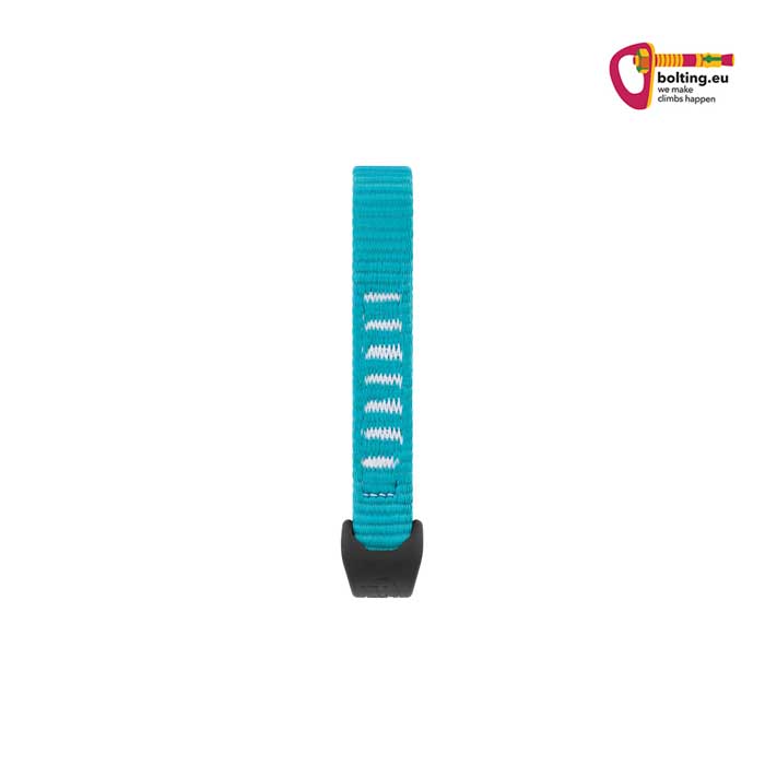 Blaue Petzl Djinn Expressschlinge in 12cm Länge mit schwarzer String Karabinerfixierung auf weißem Hintergrund.