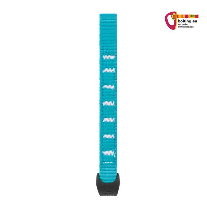Blaue Petzl Djinn Expressschlinge in 17cm Länge mit schwarzer String Karabinerfixierung auf weißem Hintergrund.