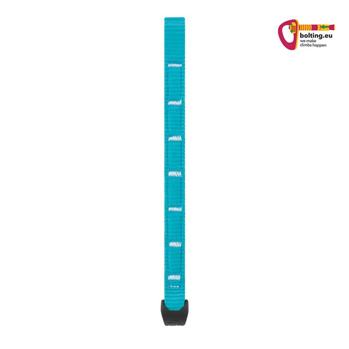 Blaue Petzl Djinn Expressschlinge in 25cm Länge mit schwarzer String Karabinerfixierung auf weißem Hintergrund.