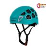 Türkiser Camp Ikon Nova Damen Kletterhelm schräg von der Seite mit Kinnband.