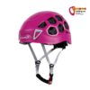 Pinker Camp Ikon Nova Damen Kletterhelm schräg von der Seite mit Kinnband.