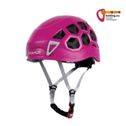 Pinker Camp Ikon Nova Damen Kletterhelm schräg von der Seite mit Kinnband.
