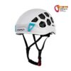 Weisser Camp Ikon Nova Damen Kletterhelm schräg von der Seite mit Kinnband.