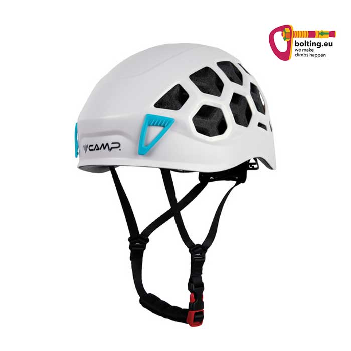 Weisser Camp Ikon Nova Damen Kletterhelm schräg von der Seite mit Kinnband.
