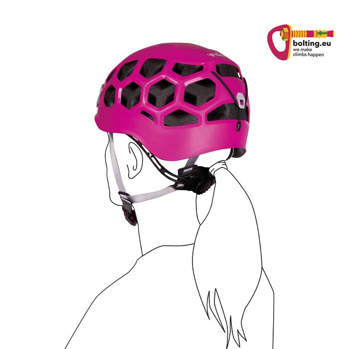 Grafik mit pinkem Damen Kletterhelm zur Veranschaulichung der Passform für Zöpfe.
