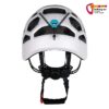 Weißer Camp Damen Kletterhelm von seiner Rückseite mit Kopfband und Kinnriemen.