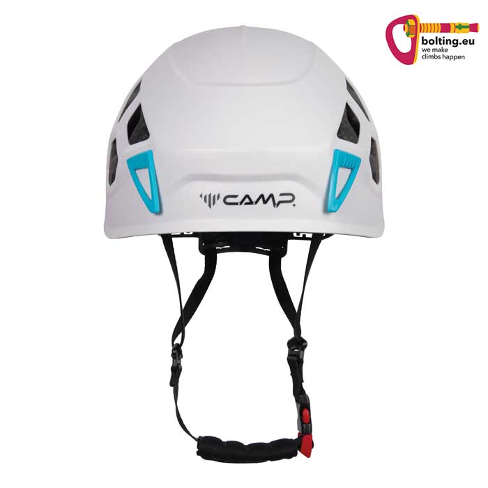 Weißer Camp Ikon Nova Kletterhelm von vorne mit Kinnband.