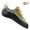 Türkis-schwarzer La Sportiva Mythos Eco Woman Anfänger Kletterschuh von der Seite mit gelben Schnürsenkeln.