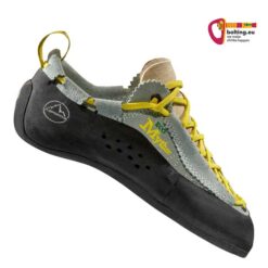 Türkis-schwarzer La Sportiva Mythos Eco Woman Anfänger Kletterschuh von der Seite mit gelben Schnürsenkeln.