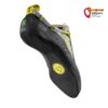 La Sportiva Mythos Eco Woman Kletterschuh mit schwarzer Sohle und gelbem Logo darauf von der Unterseite.