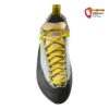 Türkis-schwarzer La Sportiva Mythos Eco Woman Anfänger Kletterschuh frontal von vorne mit gelben Schnürsenkeln.