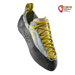 Türkis-schwarzer La Sportiva Mythos Eco Woman Anfänger Kletterschuh schräg von vorne mit gelben Schnürsenkeln.
