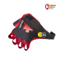 Ein rechter, rot schwarzer Ocun Crack gloves pro Risskletter Handschuhe von oben auf weißem Grund.