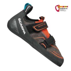 Grau, schwarz, roter Scarpa Reflex VS Kletterschuh von der Seite aus betrachtet.