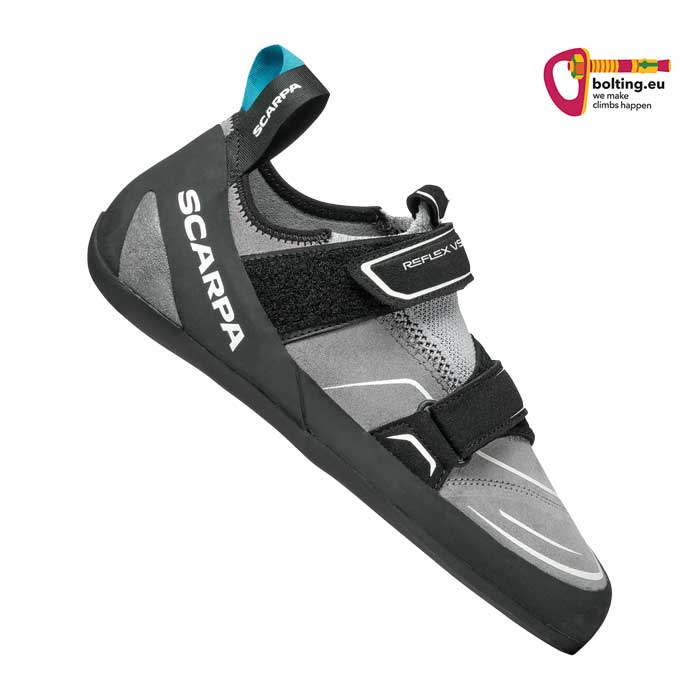 Grau schwarzer Scarpa Reflex VS Woman Anfänger Kletterschuh von der Seite aus betrachtet.