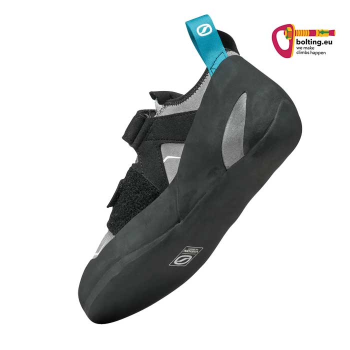 Grau schwarzer Scarpa Reflex VS Woman Kletterschuh von der unteren Rückseite aus betrachtet.