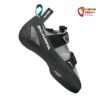 Grau schwarzer Scarpa Reflex VS Woman Damen Anfänger Kletterschuh von der unteren Rückseite aus betrachtet.