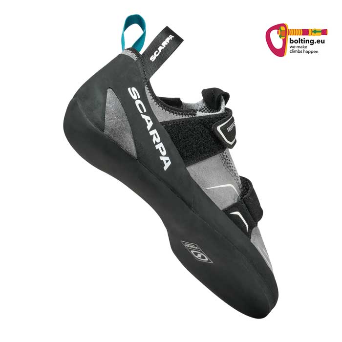 Grau schwarzer Scarpa Reflex VS Woman Damen Anfänger Kletterschuh von der unteren Rückseite aus betrachtet.