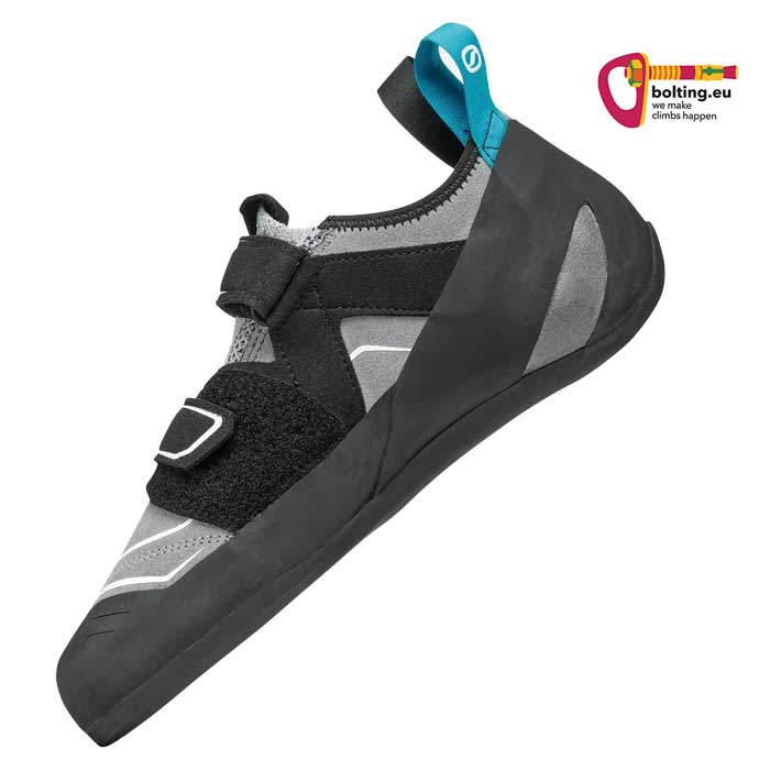 Schwarz grauer Scarpa Damen Anfänger Kletterschuh von der Seite.