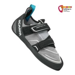 Schwarz grauer Scarpa Damen Anfänger Kletterschuh schräg von der Seite.