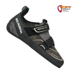 Grau schwarzer Scarpa Reflex VS Kletterschuh von der Seite aus betrachtet.