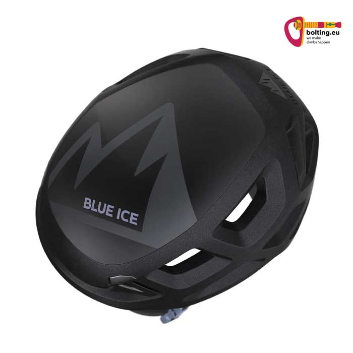 Oberseite des schwarzen Blue Ice Blast Kletterhelms mit harter Polycarbonatschale.