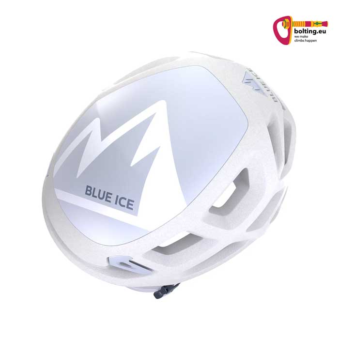Oberseite des weissen Blue Ice Blast Kletterhelms mit harter Polycarbonatschale.