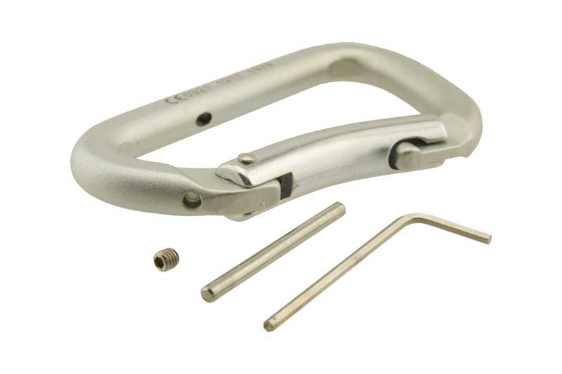 Silberner Kletterhallen Stahlkarabiner mit separatem Splint, Inbus und Schraube.