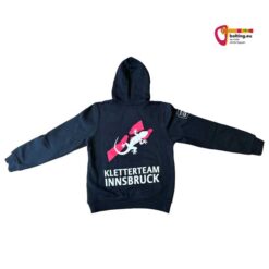 Rückseite des Teambekleidung Hoodies der Kletterakademie Innsbruck mit Eidechsen Logo.